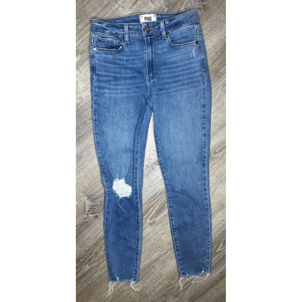 Paige Hoxton Ankle Slim Jeans Stretch Medium Wash Distressed‎ Raw Hem Sz 27